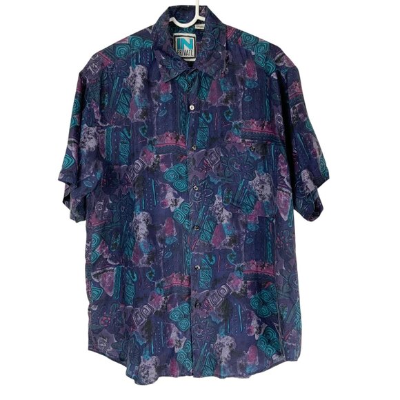 In Private Purple/Blue Geometric Print Collared Button Down Size M 100% SILK - Picture 1 of 4